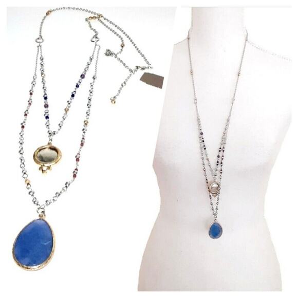 J.JILL Semi-precious Blue Stone Pendant 34" Long Layered Necklace Silver & Gold - Picture 1 of 8
